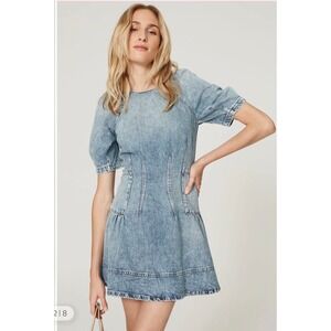 JONATHAN SIMKHAI‎ Holland Denim Mini Dress Size 6 Acid Wash Puff Sleeve Cotton